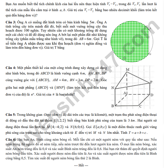 De thi thu tot nghiep THPT 2025 THPT Yen Lac - mon Toan