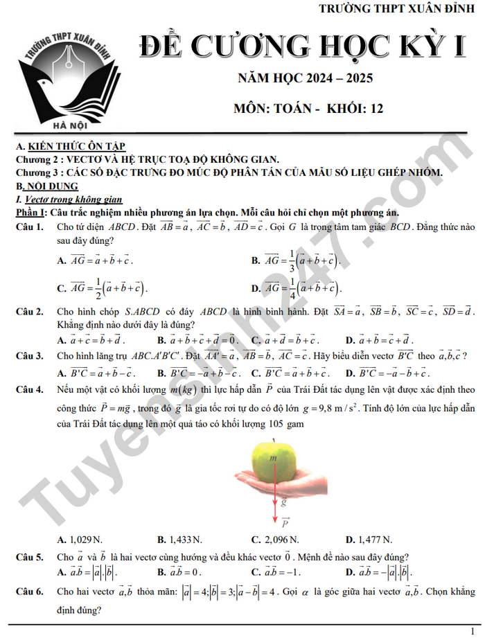 De cuong hoc ki 1 mon Toan lop 12 THPT Xuan Dinh 2024