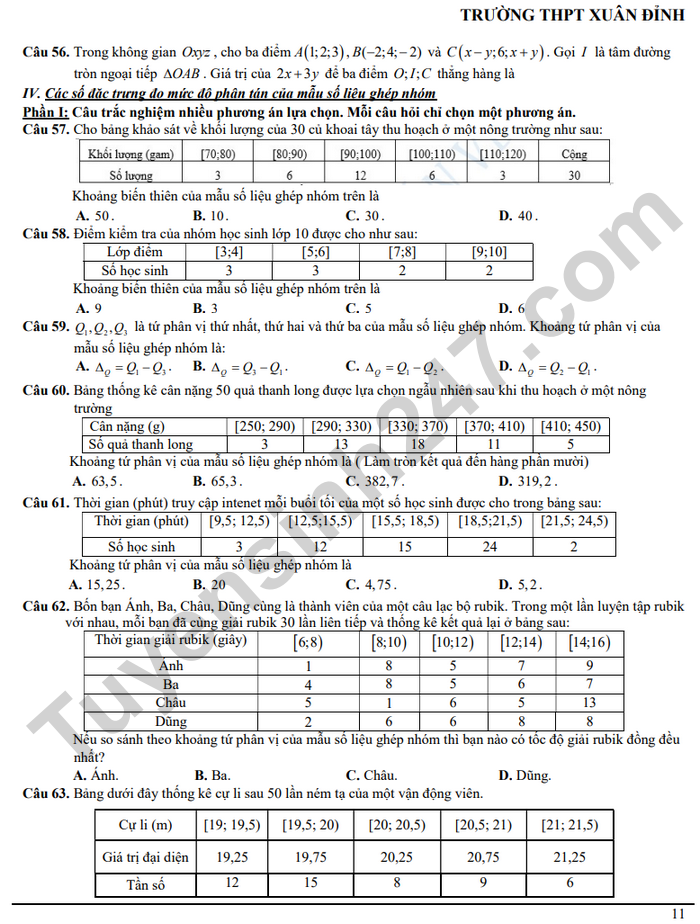 De cuong hoc ki 1 mon Toan lop 12 THPT Xuan Dinh 2024