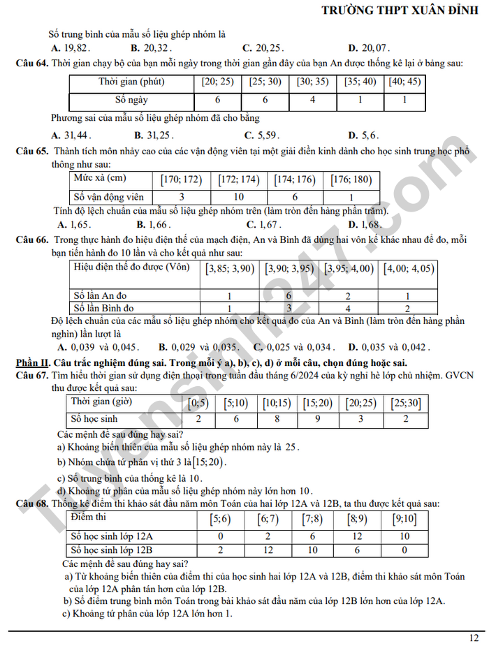 De cuong hoc ki 1 mon Toan lop 12 THPT Xuan Dinh 2024