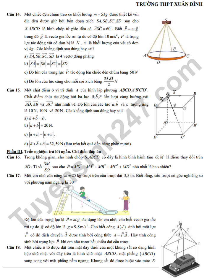 De cuong hoc ki 1 mon Toan lop 12 THPT Xuan Dinh 2024