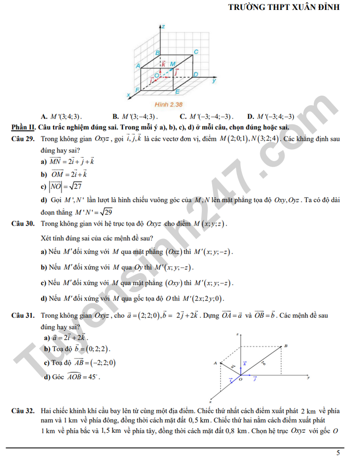 De cuong hoc ki 1 mon Toan lop 12 THPT Xuan Dinh 2024