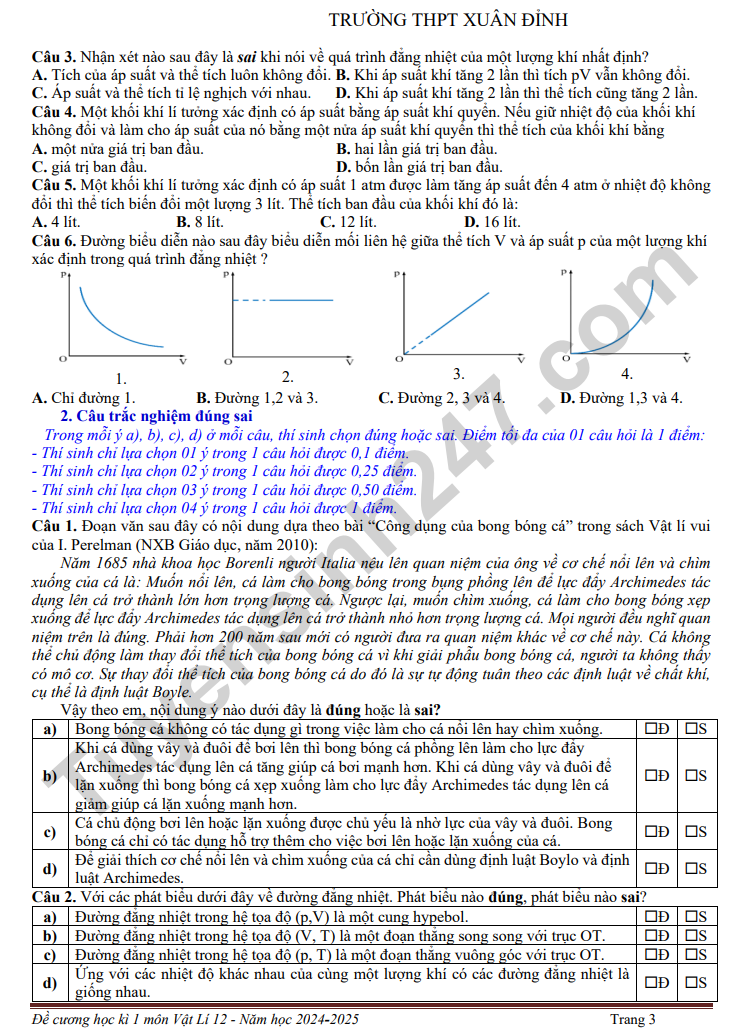 De cuong on tap HK1 mon Ly lop 12 THPT Xuan Dinh 2024