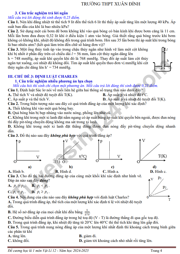 De cuong on tap HK1 mon Ly lop 12 THPT Xuan Dinh 2024