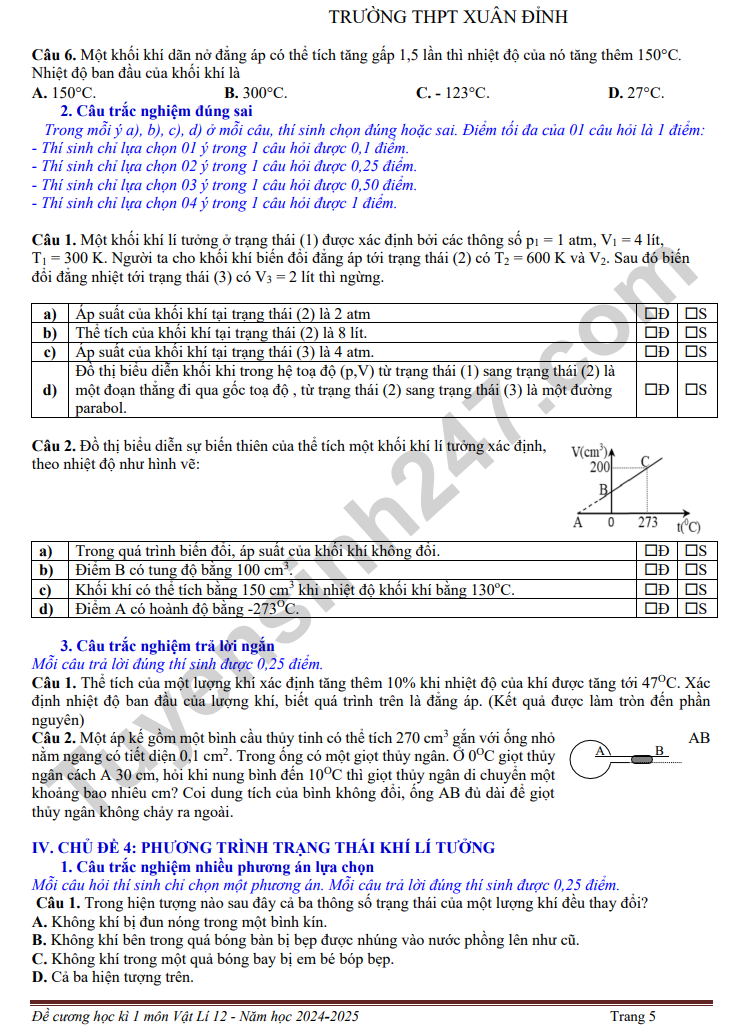 De cuong on tap HK1 mon Ly lop 12 THPT Xuan Dinh 2024