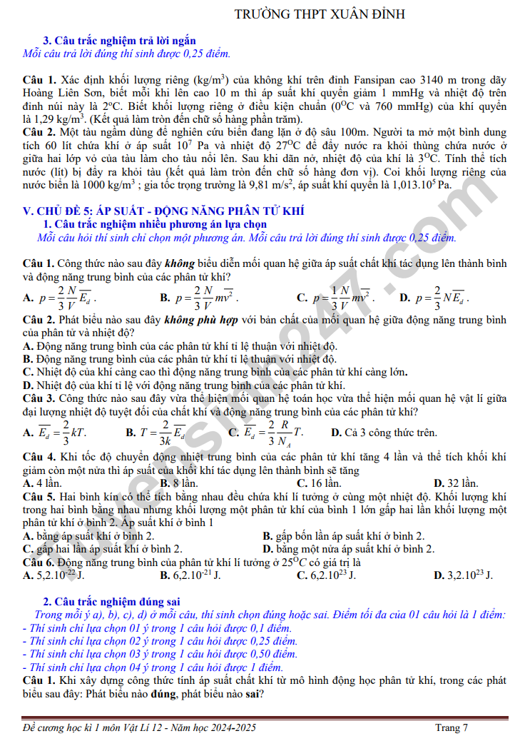 De cuong on tap HK1 mon Ly lop 12 THPT Xuan Dinh 2024