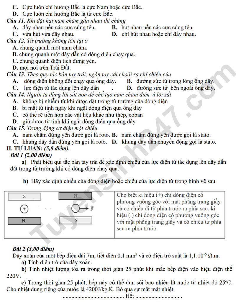 De thi hoc ki 1 lop 9 mon Ly - THCS Nguyen Duy Hieu 2024