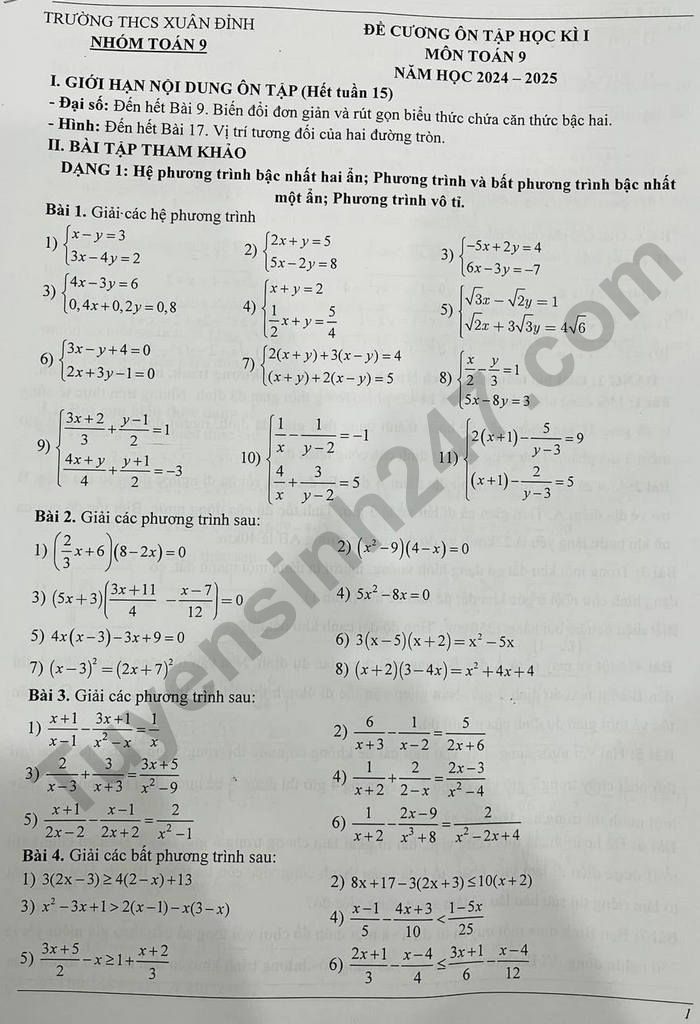 De cuong on tap hoc ki 1 lop 9 mon Toan 2024 - THCS Xuan Dinh