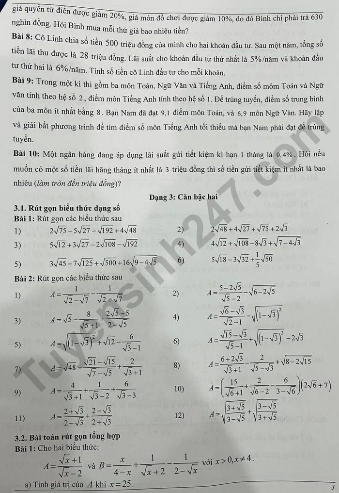 De cuong on tap hoc ki 1 lop 9 mon Toan 2024 - THCS Xuan Dinh