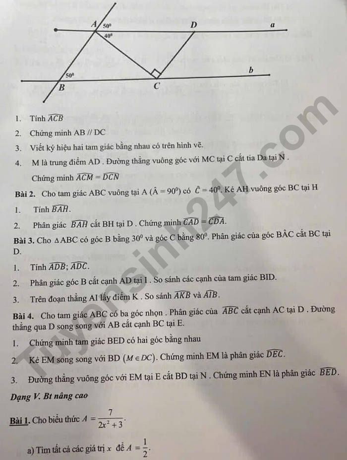 De cuong on tap ki 1 mon Toan 7 THCS Le Ngoc Han 2024