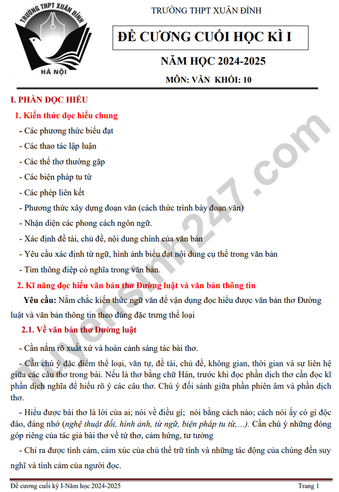 De cuong cuoi ki 1 mon Van 10 THPT Xuan Dinh 2024