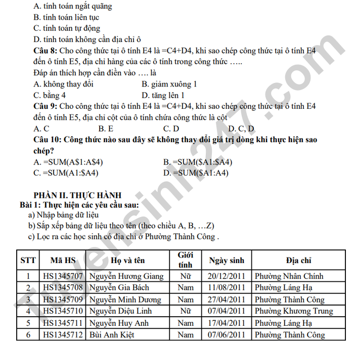 Huong dan on tap ki 1 lop 8 mon Tin 2024 - THCS Thanh Cong