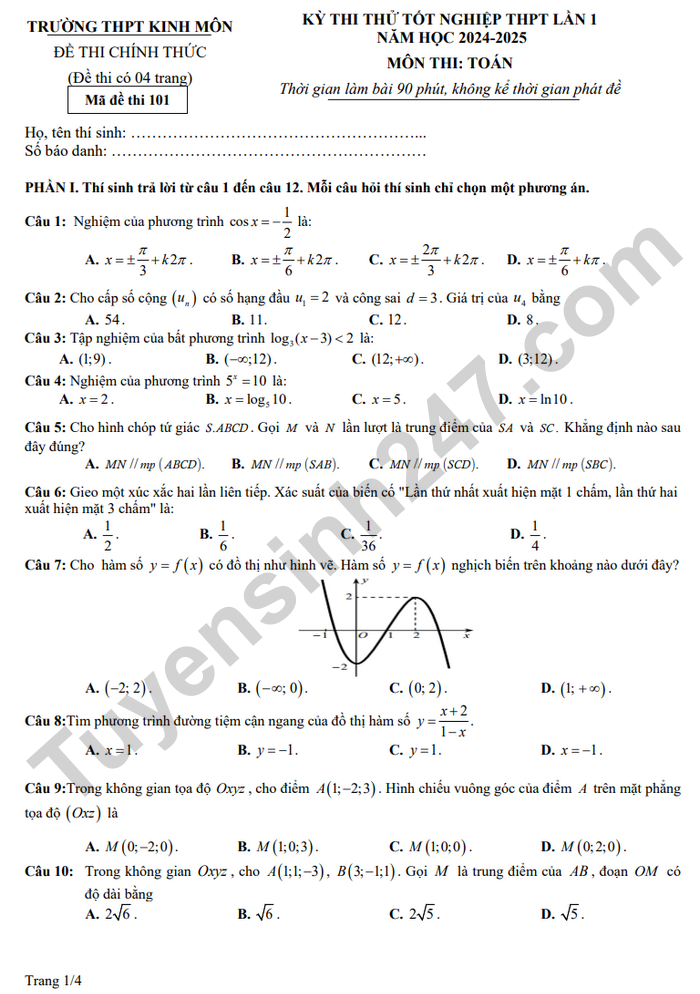 De thi thu tot nghiep THPT 2025 mon Toan - THPT Kinh Mon lan 1