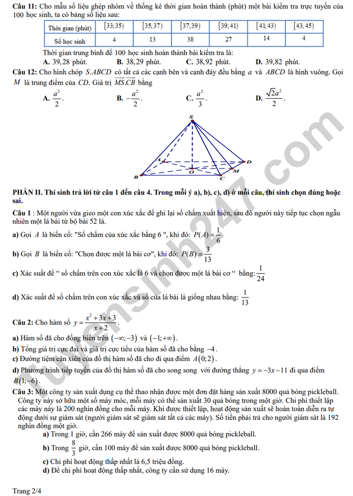 De thi thu tot nghiep THPT 2025 mon Toan - THPT Kinh Mon lan 1