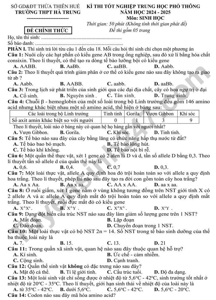 De thi thu tot nghiep THPT 2025 mon Sinh - THPT Ha Trung (co dap an)