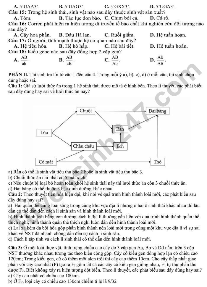 De thi thu tot nghiep THPT 2025 mon Sinh - THPT Ha Trung (co dap an)