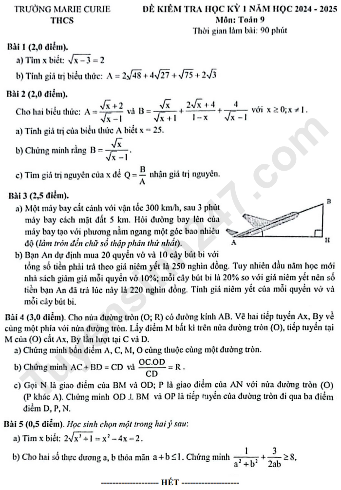 De thi ki 1 mon Toan lop 9 nam 2024 - THCS Marie Curie