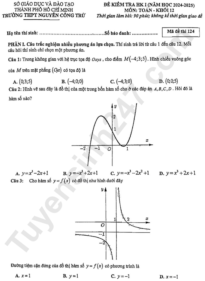 De thi HK1 lop 12 mon Toan - THPT Nguyen Cong Tru 2024