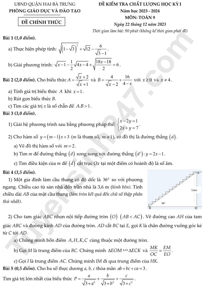 De thi ki 1 mon Toan lop 9 - Quan Hai Ba Trung 2024 (Co dap an)