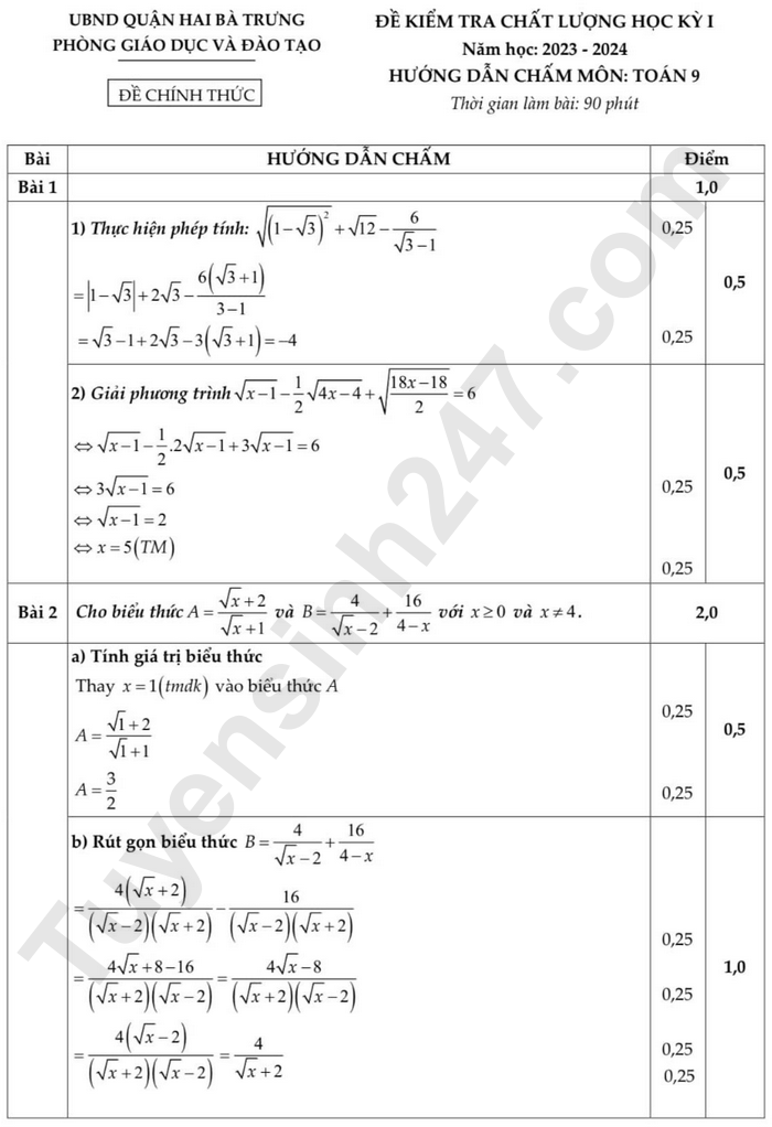 De thi ki 1 mon Toan lop 9 - Quan Hai Ba Trung 2024 (Co dap an)