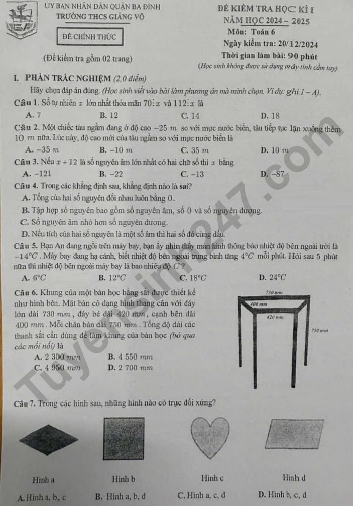 De thi hoc ki 1 nam 2024 mon Toan 6 - THCS Giang Vo