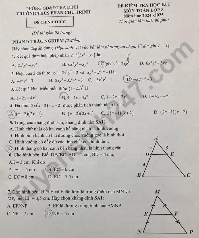 De thi hoc ki 1 mon Toan lop 8 - THCS Phan Chu Trinh 2024