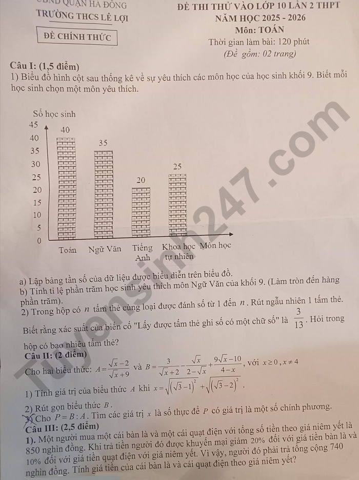 De thi thu vao lop 10 nam 2025 mon Toan - THCS Le Loi (lan 2)