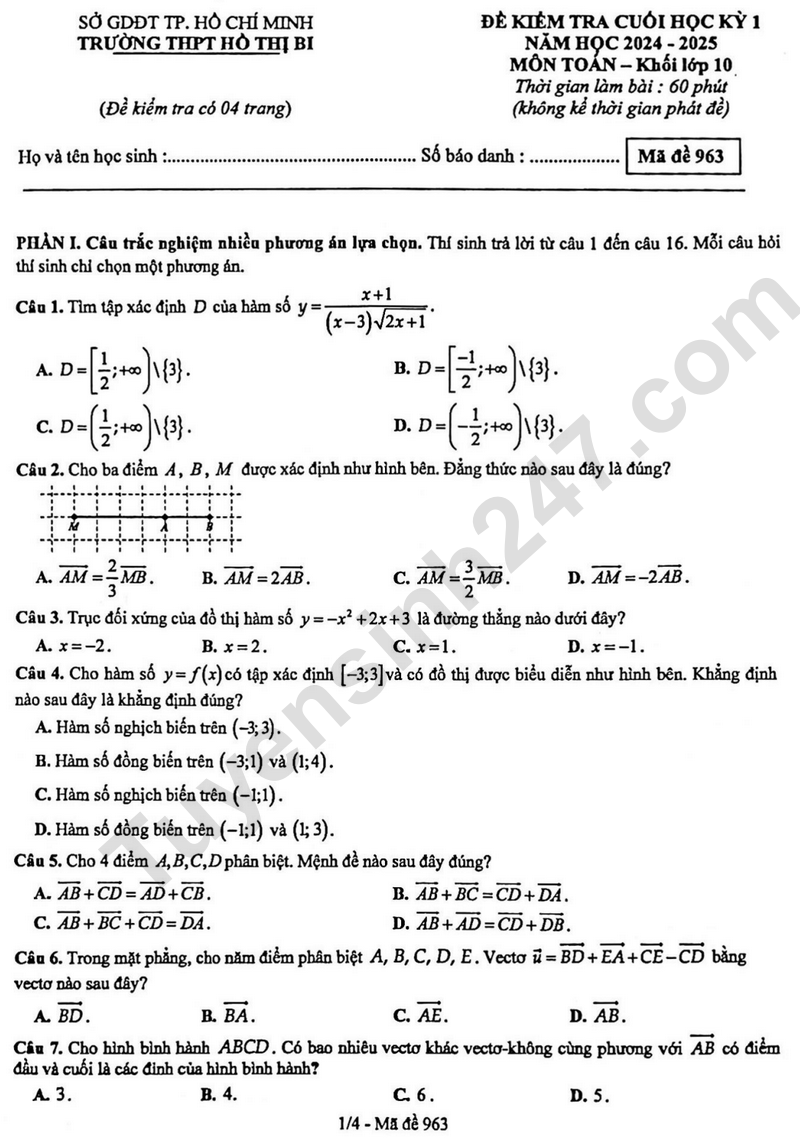 De thi HK1 lop 10 mon Toan 2024 - THPT Ho Thi Bi