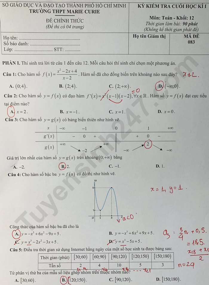 De thi hoc ki 1 mon Toan lop 12 nam 2024 - THPT Marie Curie