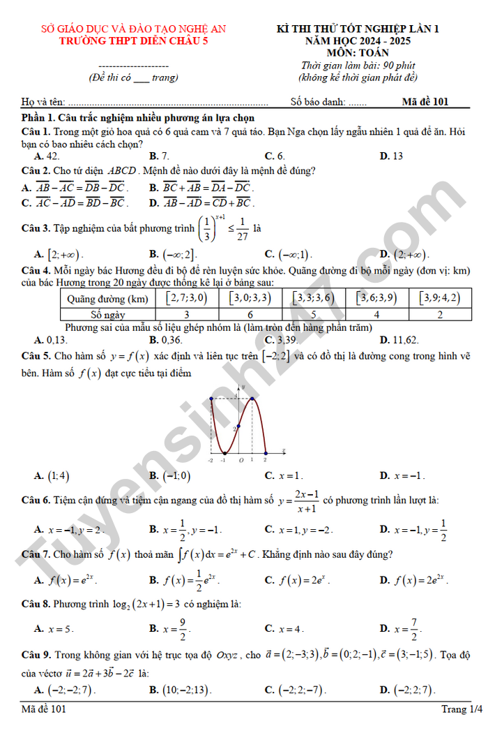 De thi thu tot nghiep THPT 2025 mon Toan lan 1 - THPT Dien Chau 5