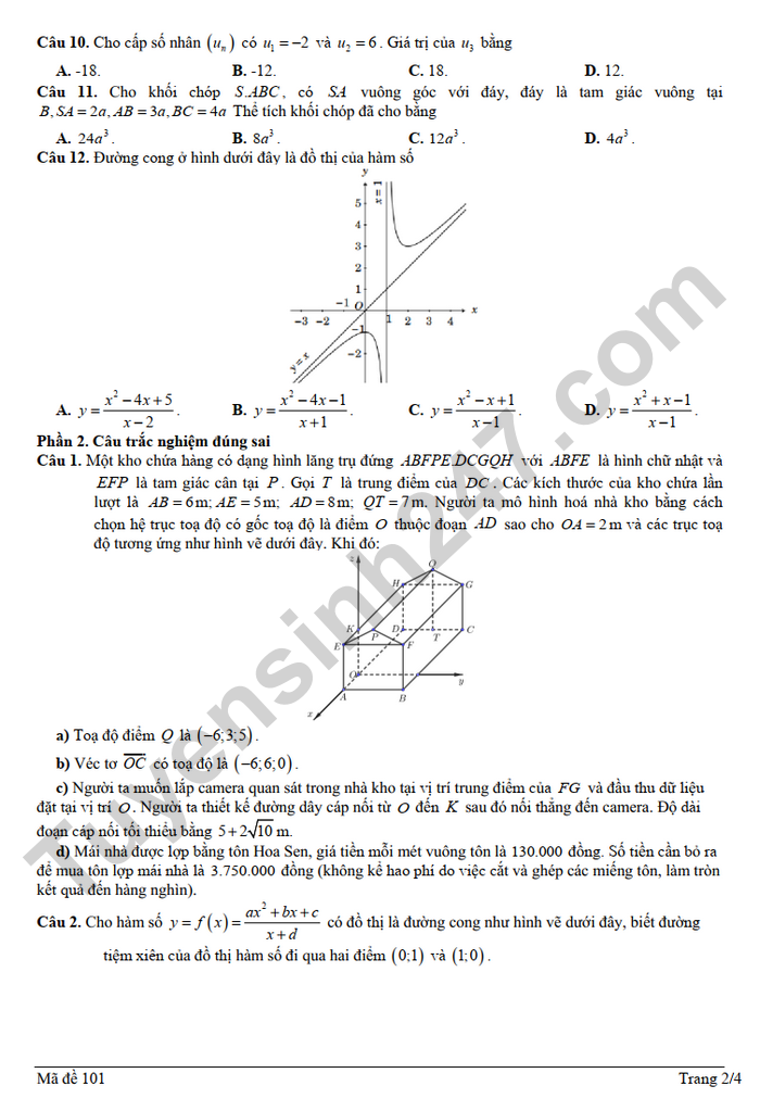 De thi thu tot nghiep THPT 2025 mon Toan lan 1 - THPT Dien Chau 5