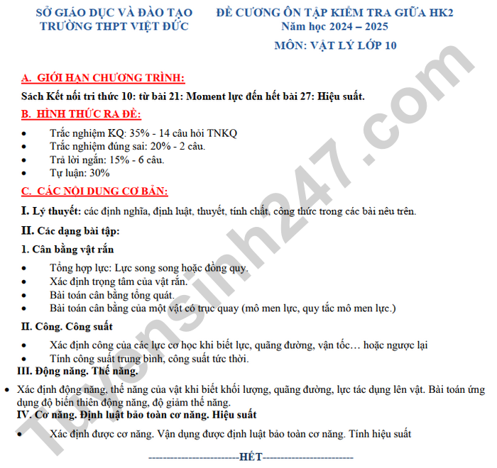 De cuong on tap giua hoc ki 2 Ly lop 10 - THPT Viet Duc 2025