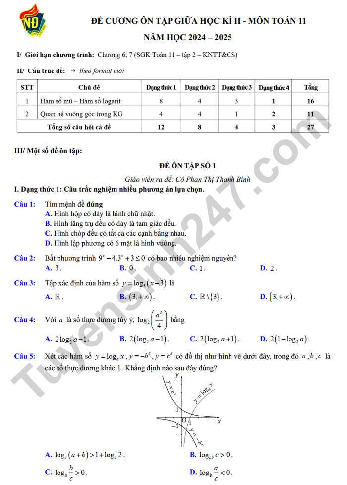 De cuong giua ki 2 nam 2025 mon Toan lop 11 - THPT Viet Duc