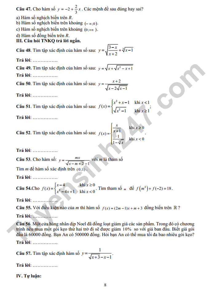 De cuong on tap giua ki 2 nam 2025 mon Toan lop 10 - THPT Yen Hoa