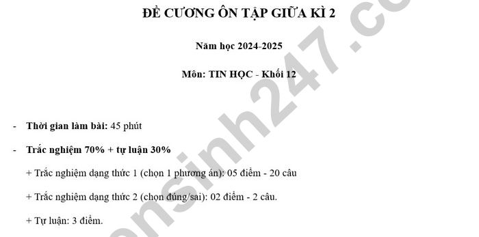 De cuong on tap giua ki 2 lop 12 mon Tin 2025 - THPT Tran Phu-Hoan Kiem