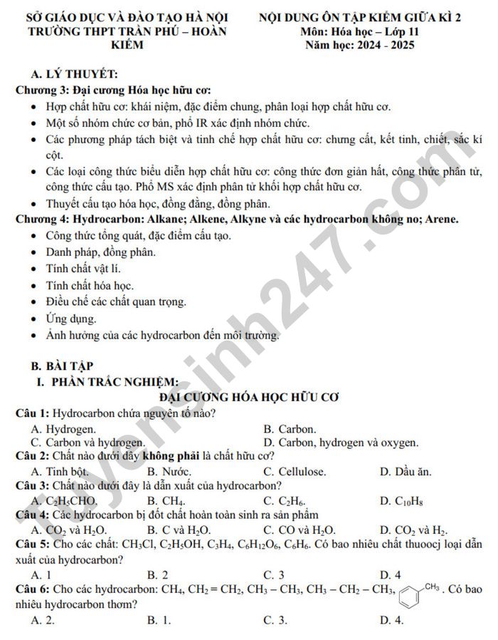 Noi dung on tap giua ki 2 mon Hoa 11 nam 2025 - THPT Tran Phu-Hoan Kiem