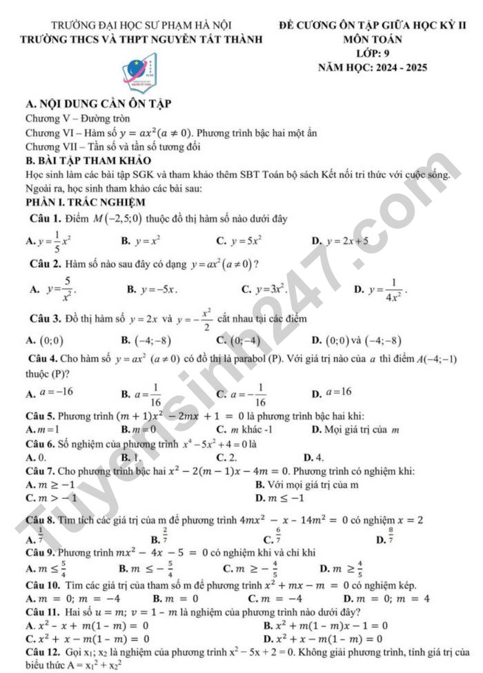 De cuong on tap giua ki 2 lop 9 mon Toan - THCS&THPT Nguyen Tat Thanh 2025