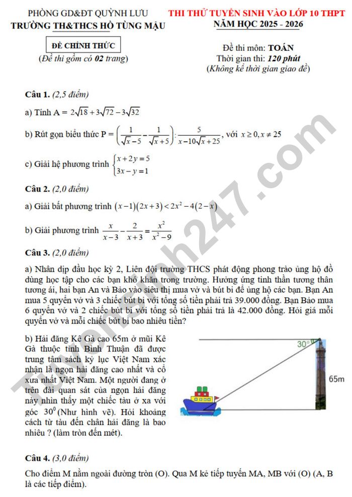 De thi thu vao lop 10 nam 2025 mon Toan - TH&THCS Ho Tung Mau (co dap an)