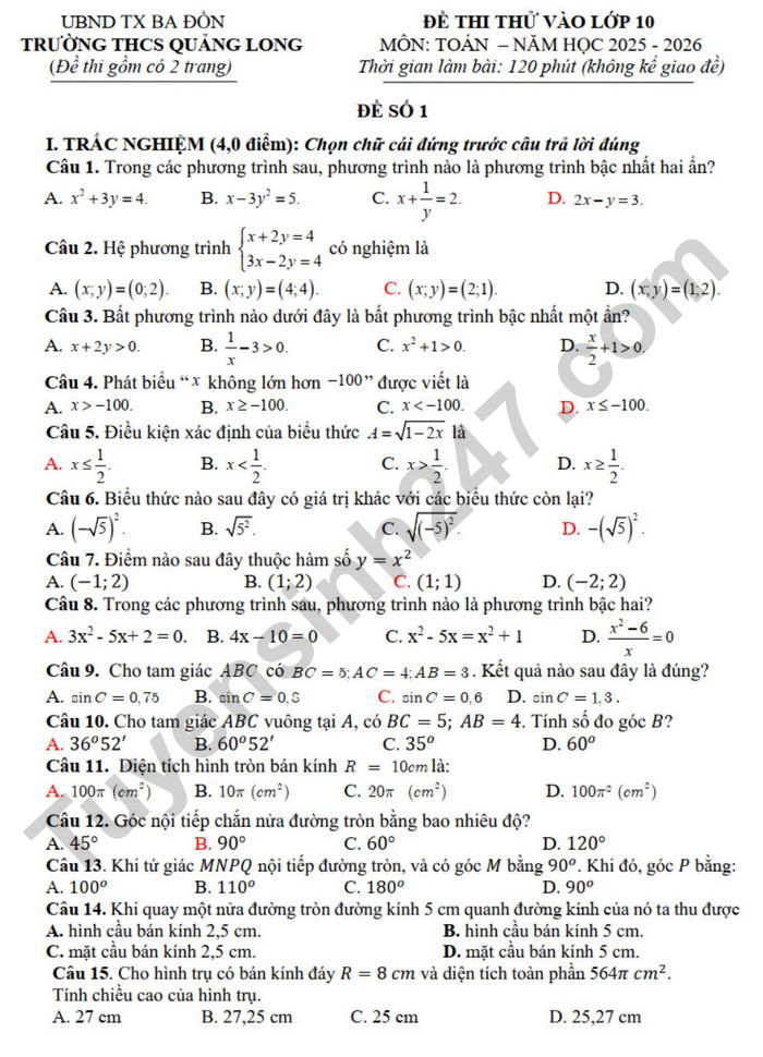 De thi thu vao lop 10 mon Toan nam 2025 - THCS Quang Long (co dap an)