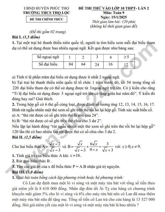 De thi thu mon Toan vao lop 10 - THCS Tho Loc lan 2 nam 2025 (co dap an)