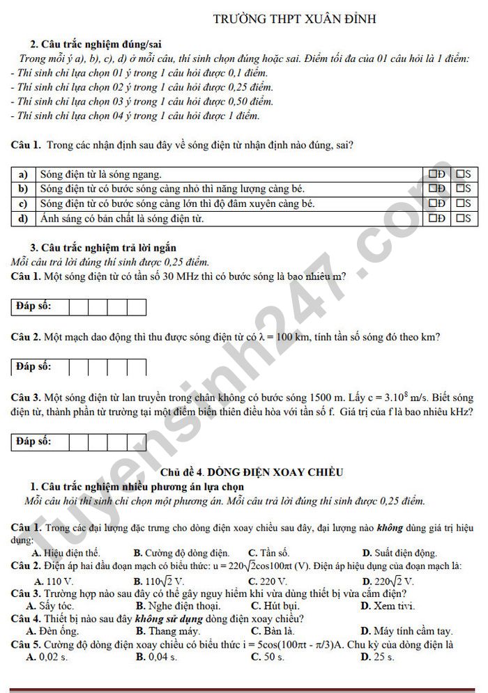 De cuong giua HK2 mon Li 12 - THPT Xuan Dinh 2025