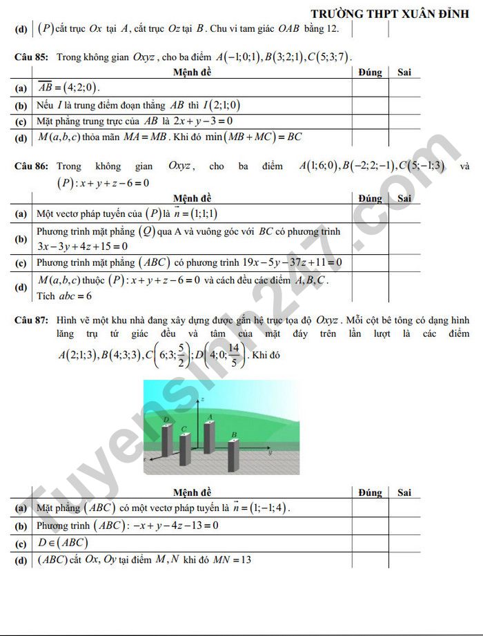 De cuong giua ki 2 lop 12 mon Toan nam 2025 - THPT Xuan Dinh