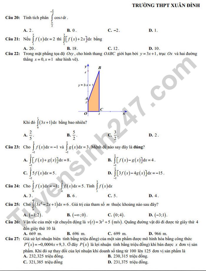 De cuong giua ki 2 lop 12 mon Toan nam 2025 - THPT Xuan Dinh