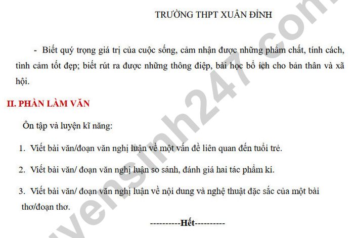 De cuong giua ki 2 mon Van 12 - THPT Xuan Dinh 2025