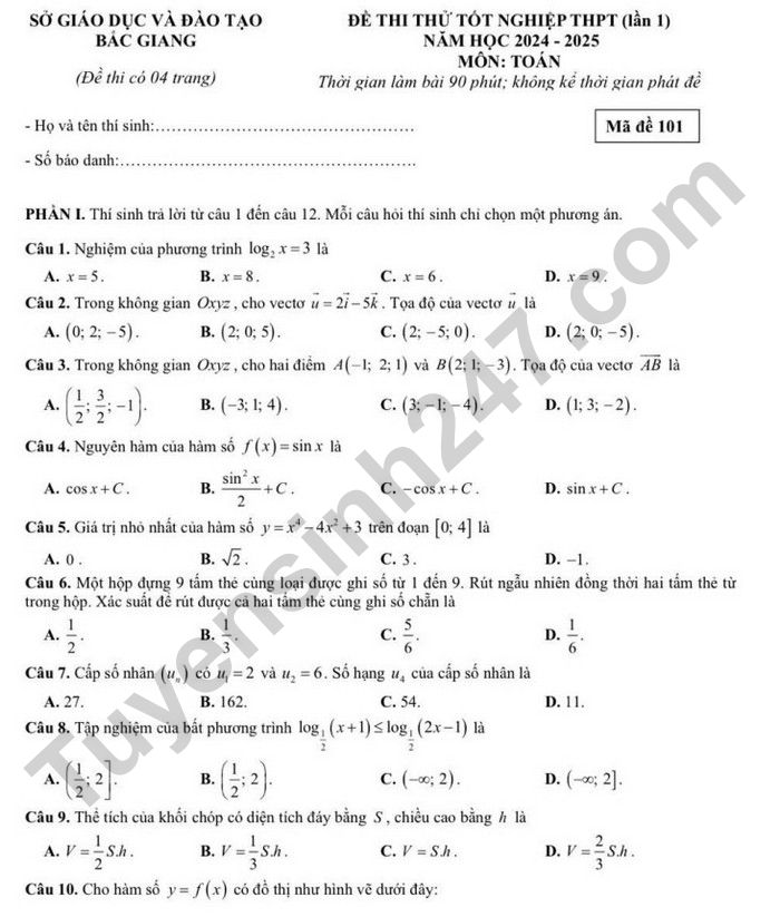 De thi thu tot nghiep THPT mon Toan 2025 lan 1 - So GD Bac Giang