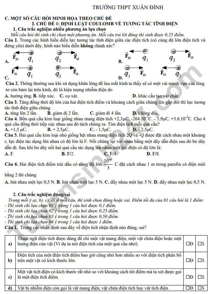 De cuong on tap giua HK2 mon Ly 11 - THPT Xuan Dinh nam 2025