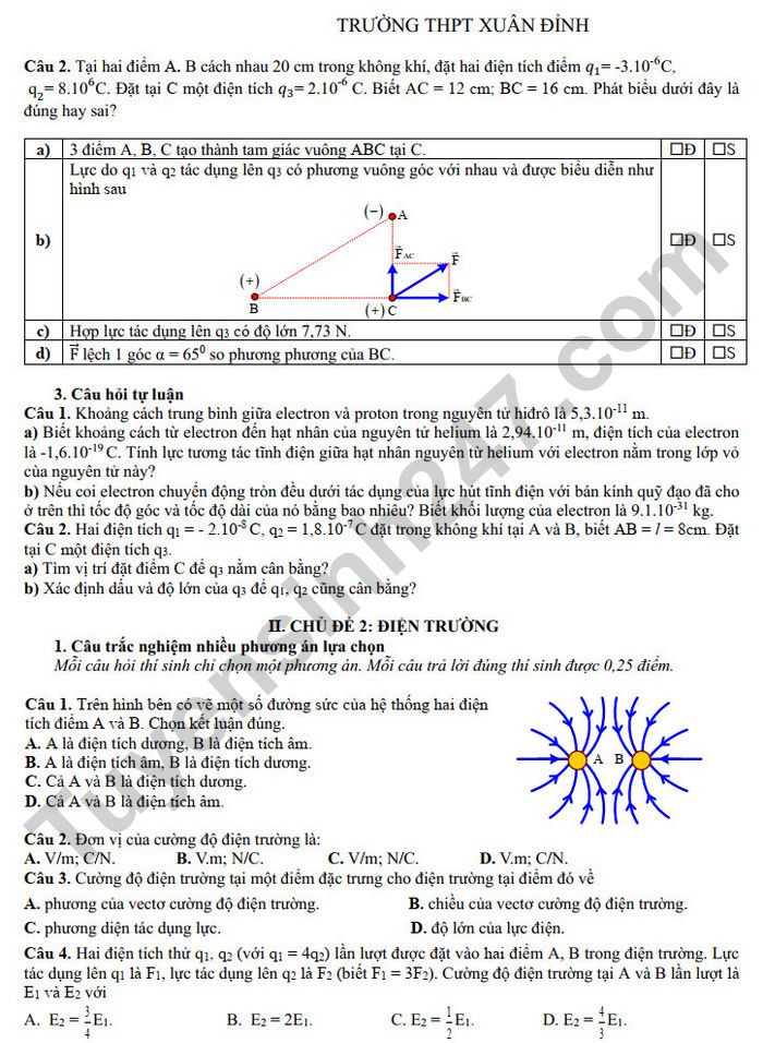 De cuong on tap giua HK2 mon Ly 11 - THPT Xuan Dinh nam 2025