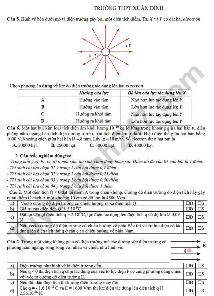 De cuong on tap giua HK2 mon Ly 11 - THPT Xuan Dinh nam 2025