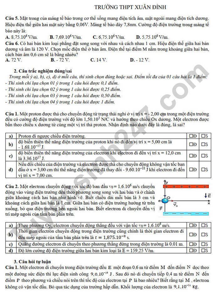 De cuong on tap giua HK2 mon Ly 11 - THPT Xuan Dinh nam 2025