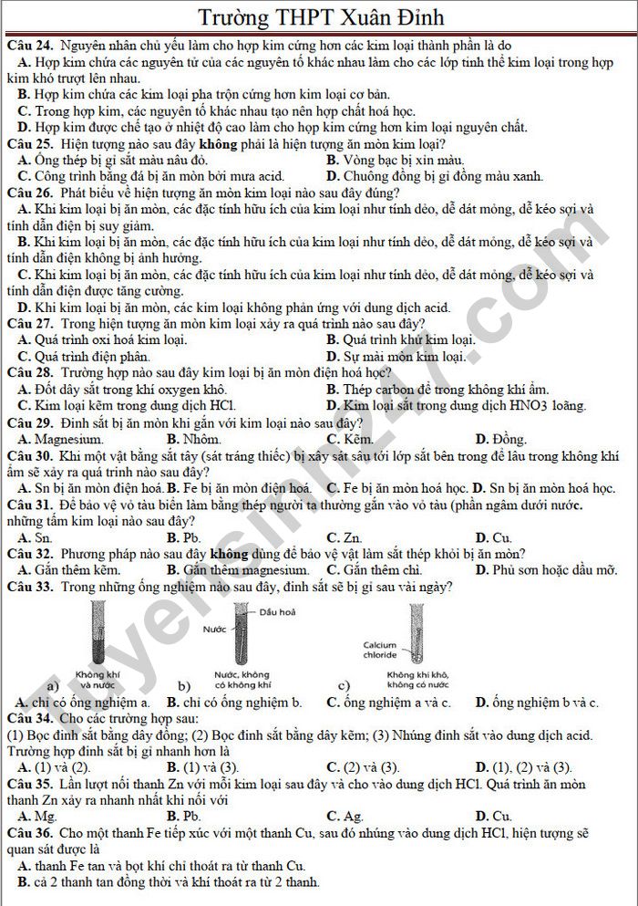 De cuong on tap giua ki 2 mon Hoa 12 - THPT Xuan Dinh 2025